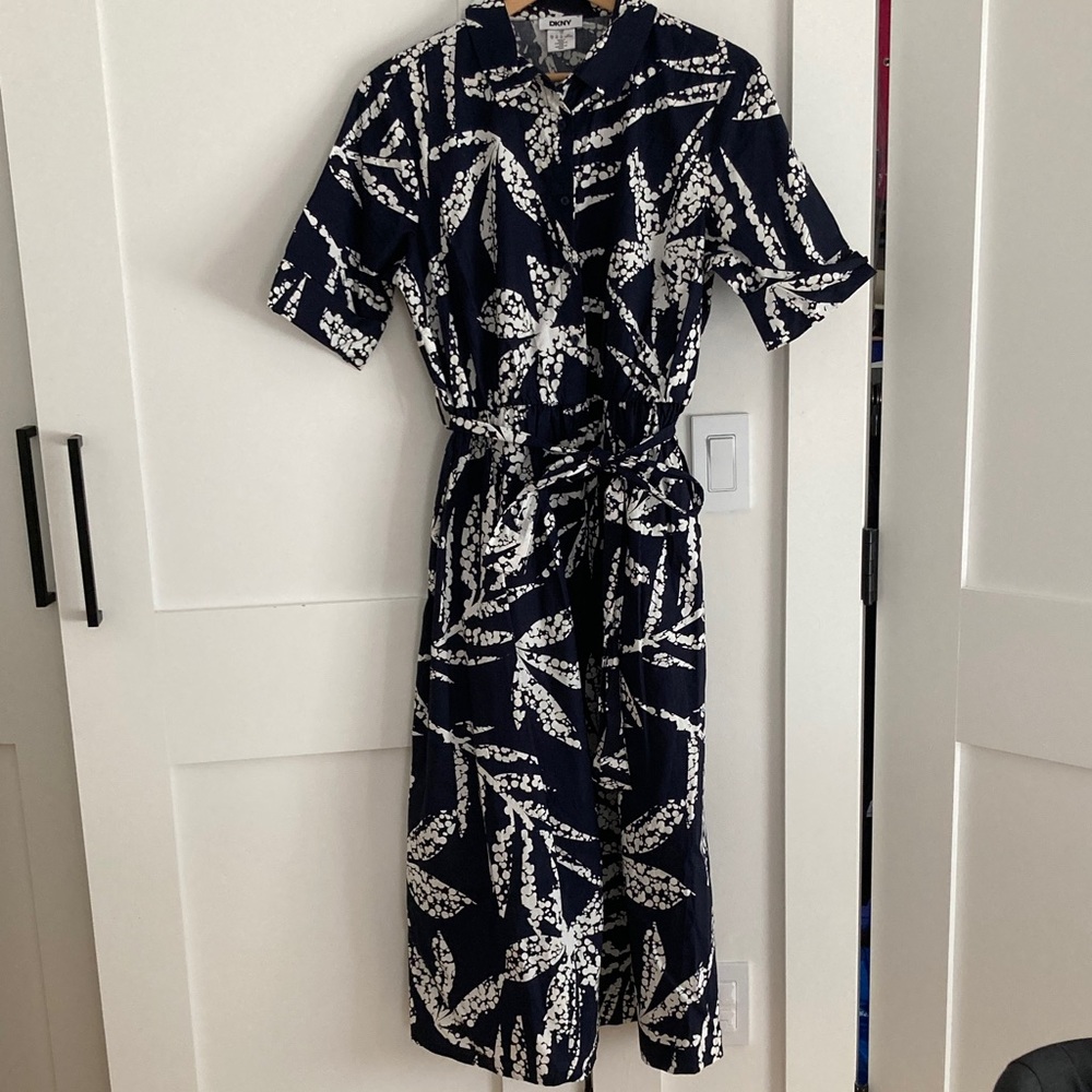 DKNY Navy and White Patterned Dress